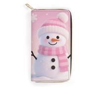 FodPand Pink Cute Snowman Wallets for Men Women - PU Leather Zip Around Wallet with 4 Card Slots & 3 Cash Compartments, 7.8 X 4.1 Inch Large Capacity Long Purse for Travel