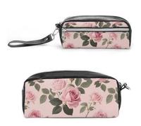 FodPand Pink Rose Flowers Pencil Pouch Mini Makeup Bag with Handle - 7.8x3.9x2.1 Inches Durable Waterproof PU Leather, Large Capacity Portable Pencil Case for Office, Travel