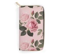 FodPand Pink Rose Flowers Wallets for Men Women - PU Leather Zip Around Wallet with 4 Card Slots & 3 Cash Compartments, 7.8 X 4.1 Inch Large Capacity Long Purse for Travel