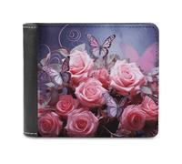 FODPAND Pink Roses And Butterflies Leather Wallet Extra Capacity Bifold Wallet Slim Minimalist Front Pocket Wallets Credit Card Holder