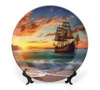 FodPand Pirate Ship in The Sunset Bone China Decorative Plate with Display Stand Porcelain Wall Hanging Plate for Home Office Decor Elegant Round Ceramic Plates for Home Decor & Gift Idea 6inch