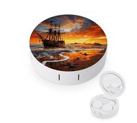 FodPand Pirate Ship in The Sunset Contact Lens Case Portable Contact Lens Applicator Removal Tool Kit Cute Round Eyeglass Cases with Mirror for Daily Vision Care And Outdoor Use
