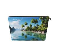 FodPand Pu Leather Cosmetic Bags Large Capacity Zipper Storage Case Beautiful Island In The Sea Makeup Organizer Pouch Portable Travel Toiletry Bags For Women, Gold, One size