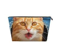FodPand Pu Leather Cosmetic Bags Large Capacity Zipper Storage Case Orange Cat Sticking Out Tongue Makeup Organizer Pouch Portable Travel Toiletry Bags For Women, Gold, One Size