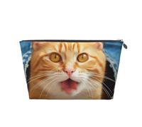 FodPand Pu Leather Cosmetic Bags Large Capacity Zipper Storage Case Orange Cat Sticking Out Tongue Makeup Organizer Pouch Portable Travel Toiletry Bags For Women, Silver, One Size