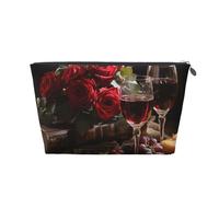 FodPand Pu Leather Cosmetic Bags Large Capacity Zipper Storage Case Red Roses And Red Wine Makeup Organizer Pouch Portable Travel Toiletry Bags For Women, Silver, One size