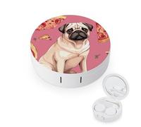 FodPand Pug Pizza Pink Contact Lens Case Portable Contact Lens Applicator Removal Tool Kit Cute Round Eyeglass Cases with Mirror for Daily Vision Care And Outdoor Use