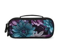 FodPand Purple And Teal Flowers Cosmetic Bag with Handle And Zipper Makeup Brushes Organizer Case PU Leather Toiletry Bag Small Makeup Bags for Travel Or Daily