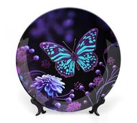 FodPand Purple Butterfly And Flowers Bone China Decorative Plate with Display Stand Porcelain Wall Hanging Plate for Home Office Decor Elegant Round Ceramic Plates for Home Decor & Gift Idea 10inch