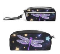 FodPand Purple Dragonfly Shiny Stars Pencil Pouch Mini Makeup Bag with Handle - 7.8x3.9x2.1 Inches Durable Waterproof PU Leather, Large Capacity Portable Pencil Case for Office, Travel