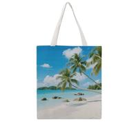 FodPand Quilted Beach And Coconut Trees Canvas Tote Bag Heavy Duty Reusable Grocery Shopping Bag with Handles Travel Carry on Bags Foldable Utility Tote for Beach Work Daily Commute