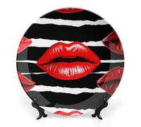 FodPand Red Lips Kiss Bone China Decorative Plate with Display Stand Porcelain Wall Hanging Plate for Home Office Decor Elegant Round Ceramic Plates for Home Decor & Gift Idea 10inch