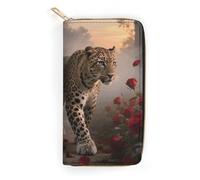 FodPand Red Rose Flower And Cheetah Wallets for Men Women - PU Leather Zip Around Wallet with 4 Card Slots & 3 Cash Compartments, 7.8 X 4.1 Inch Large Capacity Long Purse for Travel