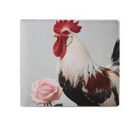 FodPand Rooster Red White Pink Rose Bifold Wallet for Men Women, 4.3"x3.7" Compact Leather Wallet with ID Window & Coin Pocket, Slim Minimalist Card Holder for Daily Carry & Travel