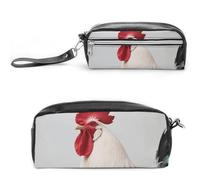 FodPand Rooster Red White Pink Rose Pencil Pouch Mini Makeup Bag with Handle - 7.8x3.9x2.1 Inches Durable Waterproof PU Leather, Large Capacity Portable Pencil Case for Office, Travel