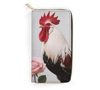 FodPand Rooster Red White Pink Rose Wallets for Men Women - PU Leather Zip Around Wallet with 4 Card Slots & 3 Cash Compartments, 7.8 X 4.1 Inch Large Capacity Long Purse for Travel
