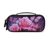 FodPand Rose And Butterflies Pink Cosmetic Bag with Handle And Zipper Makeup Brushes Organizer Case PU Leather Toiletry Bag Small Makeup Bags for Travel Or Daily