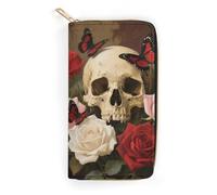 FodPand Rose Skull Wallets for Men Women - PU Leather Zip Around Wallet with 4 Card Slots & 3 Cash Compartments, 7.8 X 4.1 Inch Large Capacity Long Purse for Travel