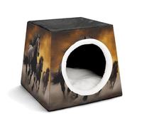 FODPAND Running Black Horses Cat Bed Cave for Small Dog Cat House 3-in-1 Foldable Cats Beds with Removable Washable Cushioned Pillow Covered Cave Pet Tents with Non-Slip Bottom