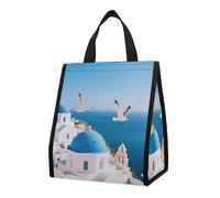 FodPand Santorini Greek Island Reusable Insulated Lunch Bag 9l | Foldable Cooler Bag Leakproof Lunch Tote with Aluminum Foil Liner Portable Lunchbox Food Container for Work, Picnic, Beach