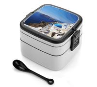 FodPand Santorini Greek Island Sea View Bento Box Stackable Bento Containers with Lids Adult Insulated Lunchbox Leak-Proof 2-Compartment Lunch Container Reusable Snack Containers with Spoon