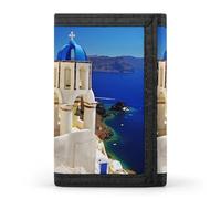 FodPand Santorini Greek Island Sea View Wallet,Portable Three Folds Wallet Sturdy With Hanging Buckle Zipper Wallets for Man Woman