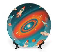 FodPand Science Fiction Galaxy Space Bone China Decorative Plate with Display Stand Porcelain Wall Hanging Plate for Home Office Decor Elegant Round Ceramic Plates for Home Decor & Gift Idea 8inch