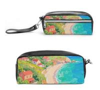FodPand Seaside Town Pencil Pouch Mini Makeup Bag with Handle - 7.8x3.9x2.1 Inches Durable Waterproof PU Leather, Large Capacity Portable Pencil Case for Office, Travel