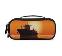 FodPand Silhouette of The Tanker Ship on Red Sunrise Cosmetic Bag with Handle And Zipper Makeup Brushes Organizer Case PU Leather Toiletry Bag Small Makeup Bags for Travel Or Daily