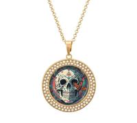 FodPand Skeleton Death Moth Diamond Necklace for Women Girlfriend Mom 20" Cable Chain Round Pendant Necklace Memorial Couple Friendship Jewelry Birthday Anniversary Wedding Keepsake Romantic Gifts