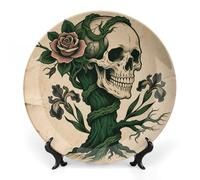 FodPand Skull And Rose Bone China Decorative Plate with Display Stand Porcelain Wall Hanging Plate for Home Office Decor Elegant Round Ceramic Plates for Home Decor & Gift Idea 8inch