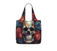 FodPand Skull Surrounded by Flowers Reusable Grocery Bags, Shopping Bag for Groceries,Heavy Duty Tote Bag with Inner Pocket