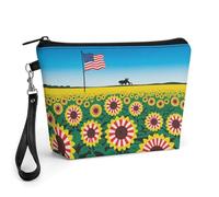 FodPand Small Makeup Bag with Handle - PU Leather American-Sunflower Cosmetic Bag for Purse Travel Makeup Organizer Toiletry Pouch Portable Zipper Make Up Pouch for Women 8.9x2.6x5.7 in