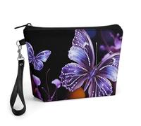 FodPand Small Makeup Bag with Handle - PU Leather Beautiful Purple Butterfly Cosmetic Bag for Purse Travel Makeup Organizer Toiletry Pouch Portable Zipper Make Up Pouch for Women 8.9x2.6x5.7 in