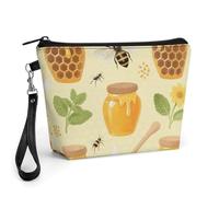 FodPand Small Makeup Bag with Handle - PU Leather Bees And Honey Cosmetic Bag for Purse Travel Makeup Organizer Toiletry Pouch Portable Zipper Make Up Pouch for Women 8.9x2.6x5.7 in