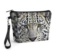 FodPand Small Makeup Bag with Handle - PU Leather Black And White Leopard Face Cosmetic Bag for Purse Travel Makeup Organizer Toiletry Pouch Portable Zipper Make Up Pouch for Women 8.9x2.6x5.7 in