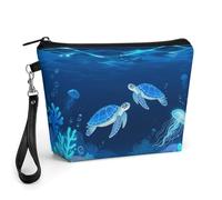 FodPand Small Makeup Bag with Handle - PU Leather Blue Turtle Cosmetic Bag for Purse Travel Makeup Organizer Toiletry Pouch Portable Zipper Make Up Pouch for Women 8.9x2.6x5.7 in