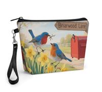 FodPand Small Makeup Bag with Handle - PU Leather Bluebirds And Daffodils Cosmetic Bag for Purse Travel Makeup Organizer Toiletry Pouch Portable Zipper Make Up Pouch for Women 8.9x2.6x5.7 in