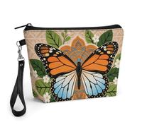 FodPand Small Makeup Bag with Handle - PU Leather Boho Mandala Butterfly Cosmetic Bag for Purse Travel Makeup Organizer Toiletry Pouch Portable Zipper Make Up Pouch for Women 8.9x2.6x5.7 in