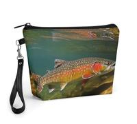 FodPand Small Makeup Bag with Handle - PU Leather Brook Trout Fly Fishing Cosmetic Bag for Purse Travel Makeup Organizer Toiletry Pouch Portable Zipper Make Up Pouch for Women 8.9x2.6x5.7 in