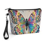 FodPand Small Makeup Bag with Handle - PU Leather Butterfly Drip Spray Watercolor Cosmetic Bag for Purse Travel Makeup Organizer Toiletry Pouch Portable Zipper Make Up Pouch for Women 8.9x2.6x5.7 in