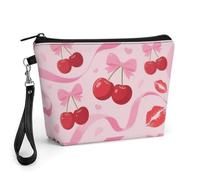 FodPand Small Makeup Bag with Handle - PU Leather Cherry Pink Bow With Red Lips Cosmetic Bag for Purse Travel Makeup Organizer Toiletry Pouch Portable Zipper Make Up Pouch for Women 8.9x2.6x5.7 in