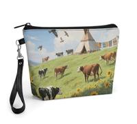 FodPand Small Makeup Bag with Handle - PU Leather Cow Sunflower Navajo Cosmetic Bag for Purse Travel Makeup Organizer Toiletry Pouch Portable Zipper Make Up Pouch for Women 8.9x2.6x5.7 in
