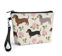 FodPand Small Makeup Bag with Handle - PU Leather Dachshund Floral Cosmetic Bag for Purse Travel Makeup Organizer Toiletry Pouch Portable Zipper Make Up Pouch for Women 8.9x2.6x5.7 in