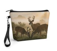 FodPand Small Makeup Bag with Handle - PU Leather Deer Grass Hunting Cosmetic Bag for Purse Travel Makeup Organizer Toiletry Pouch Portable Zipper Make Up Pouch for Women 8.9x2.6x5.7 in