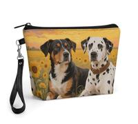 FodPand Small Makeup Bag with Handle - PU Leather Dog Paint And Sunset Cosmetic Bag for Purse Travel Makeup Organizer Toiletry Pouch Portable Zipper Make Up Pouch for Women 8.9x2.6x5.7 in