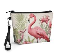 FodPand Small Makeup Bag with Handle - PU Leather Flamingo And Leaves Cosmetic Bag for Purse Travel Makeup Organizer Toiletry Pouch Portable Zipper Make Up Pouch for Women 8.9x2.6x5.7 in