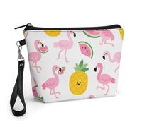 FodPand Small Makeup Bag with Handle - PU Leather Flamingo Watermelon Pineapple Cosmetic Bag for Purse Travel Makeup Organizer Toiletry Pouch Portable Zipper Make Up Pouch for Women 8.9x2.6x5.7 in