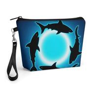 FodPand Small Makeup Bag with Handle - PU Leather Form Circle Floating Sharks Cosmetic Bag for Purse Travel Makeup Organizer Toiletry Pouch Portable Zipper Make Up Pouch for Women 8.9x2.6x5.7 in