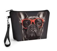 FodPand Small Makeup Bag with Handle - PU Leather French Bulldog Cosmetic Bag for Purse Travel Makeup Organizer Toiletry Pouch Portable Zipper Make Up Pouch for Women 8.9x2.6x5.7 in